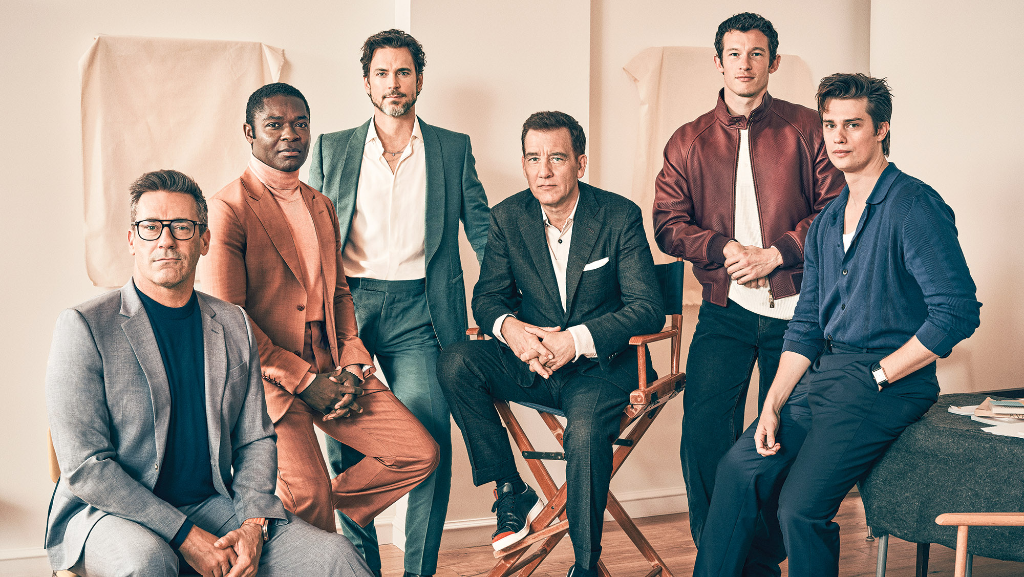 From left: Jon Hamm, David Oyelowo, Matt Bomer, Clive Owen, Callum Turner and Nicholas Galitzine were photographed April 21 at The Georgian Hotel in Santa Monica. Artistic & Fashion Director Alison Edmond