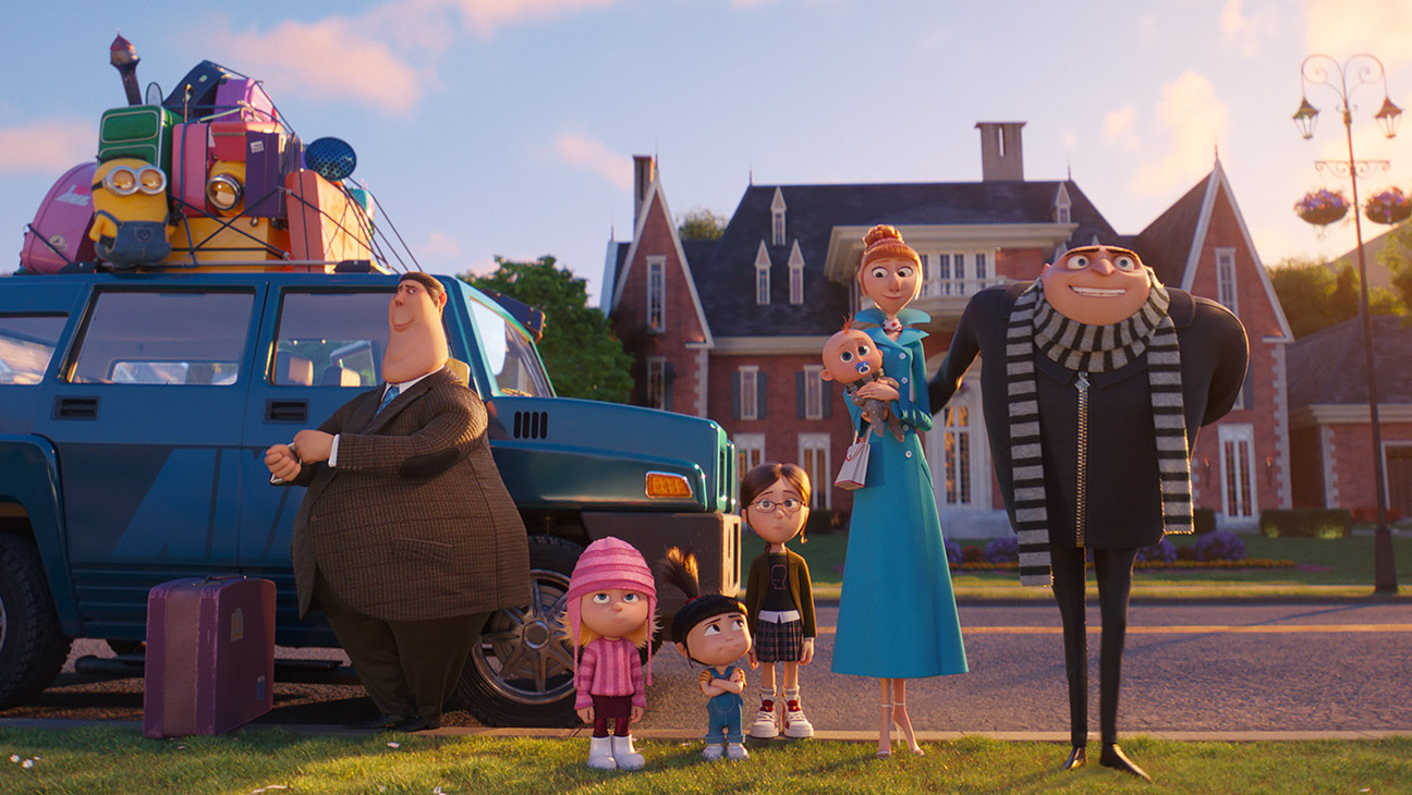 (from left) Minions (Pierre Coffin), Silas (Steve Coogan), Edith (Dana Gaier), Agnes (Madison Polan), Margo (Miranda Cosgrove), Gru Jr., Lucy (Kristen Wiig) and Gru (Steve Carell) in Despicable Me 4, directed by Chris Renaud.