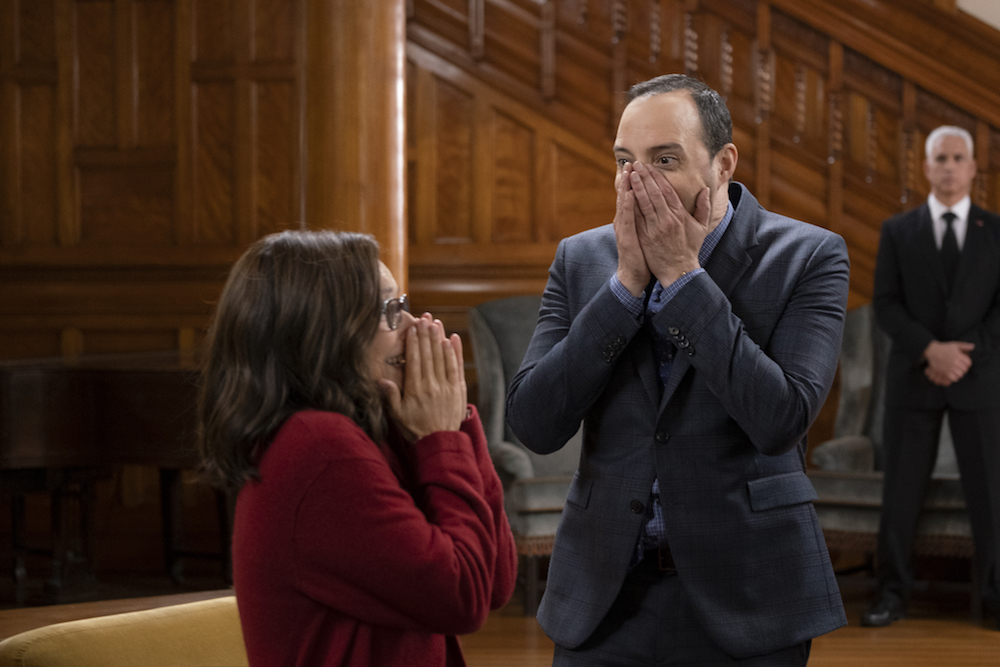 A man and woman clasping their hands to their mouths; Julia Louis-Dreyfus and Tony Hale in 'Veep'