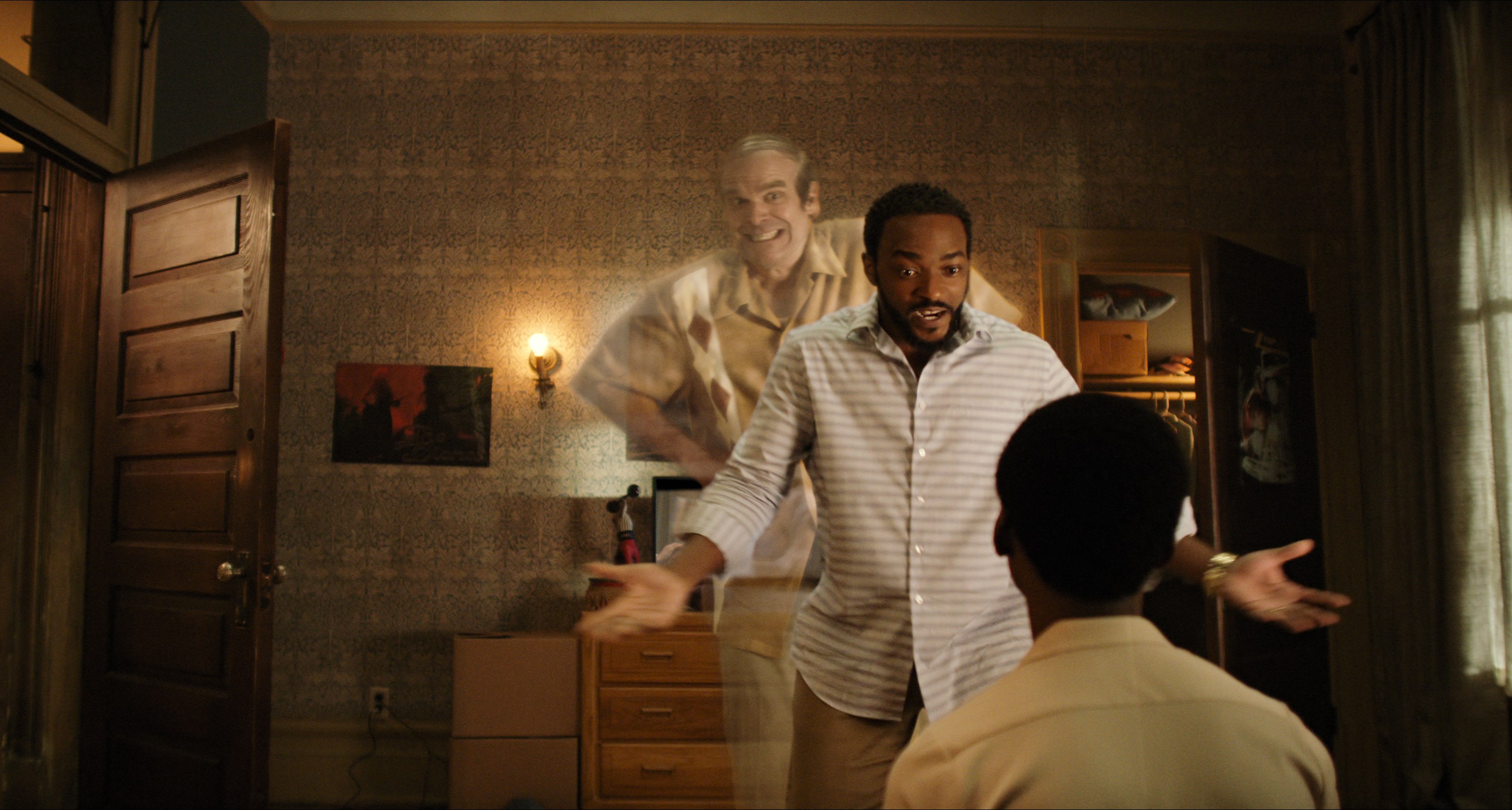 We Have A Ghost. (L to R) David Harbour as Ernest, Anthony Mackie as Frank, Jahi Winston as Kevin in We Have A Ghost. Courtesy of Netflix © 2022.