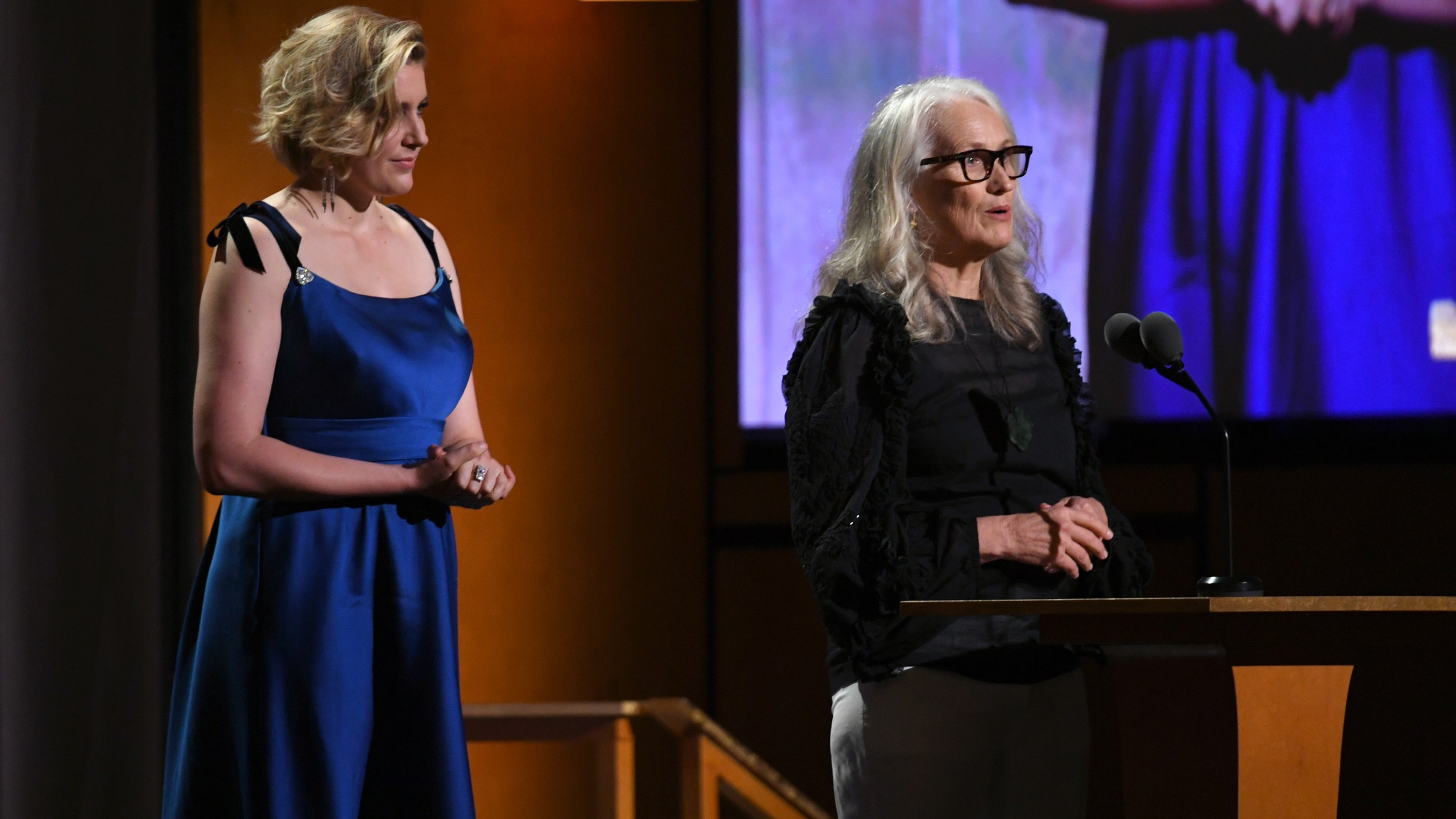 HOLLYWOOD, CALIFORNIA - OCTOBER 27: (L-R) Greta Gerwig and Jane Campion speak onstage during the Academy Of Motion Picture Arts And Sciences' 11th Annual Governors Awards at The Ray Dolby Ballroom at Hollywood & Highland Center on October 27, 2019 in Hollywood, California. (Photo by Kevin Winter/Getty Images)