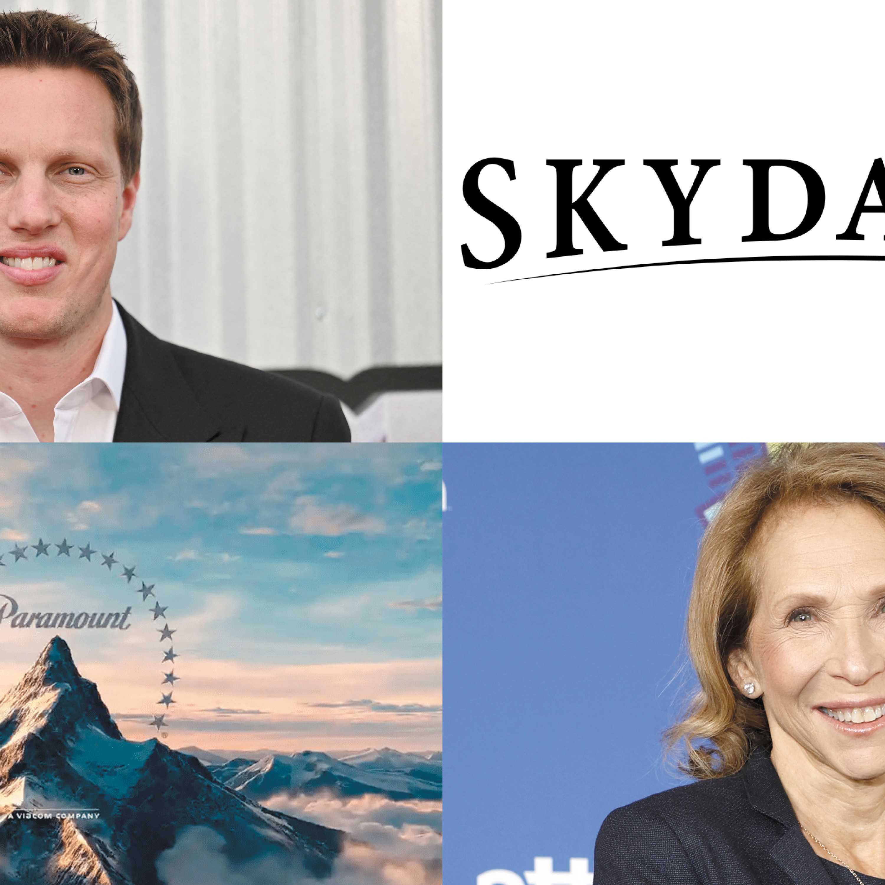 David Ellison and his Skydance logo. The Paramount logo and Paramount controller shareholder Shari Redstone