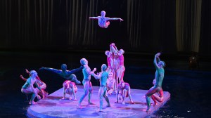 LAS VEGAS, NEVADA - JULY 01: Cast and crew of "O" by Cirque du Soleil perform during their grand re-opening at the Bellagio Resort & Casino on July 01, 2021 in Las Vegas, Nevada. "O" by Cirque du Soleil is one of Las Vegas' longest-running productions. (Photo by Denise Truscello/Getty Images MGM Resorts International)