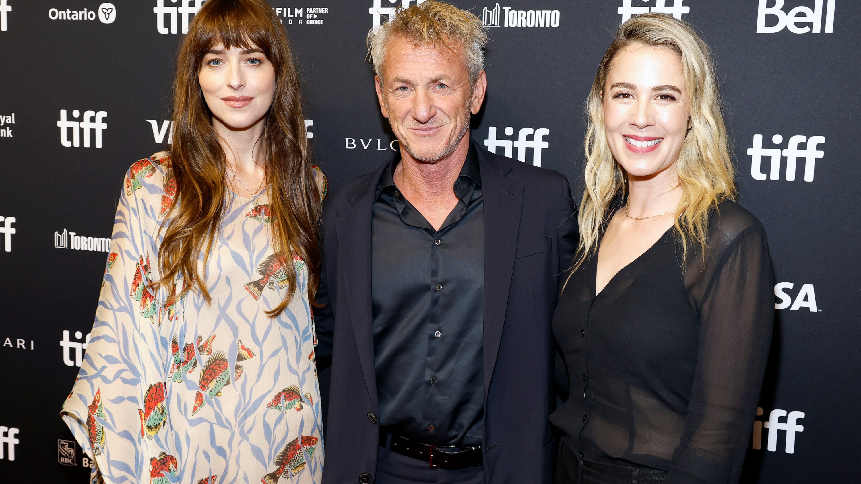 TORONTO, ONTARIO - SEPTEMBER 10: (L-R) Dakota Johnson, Sean Penn, and Christy Hall attend the "Daddio" premiere during the 2023 Toronto International Film Festival at TIFF Bell Lightbox on September 10, 2023 in Toronto, Ontario. (Photo by Frazer Harrison/Getty Images)