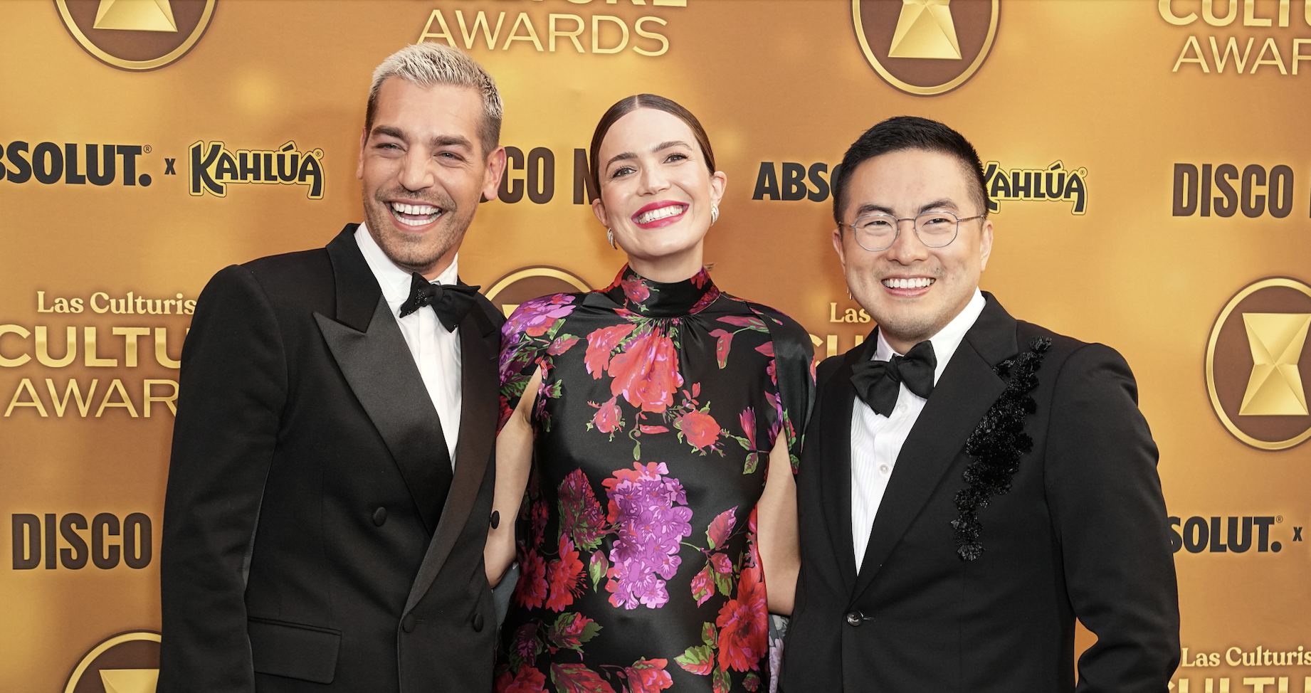 NEW YORK, NEW YORK - JUNE 15: (L-R) Matt Rogers, Mandy Moore and Bowen Yang attend the Las Culturistas Culture Awards at Kings Theatre on June 15, 2024 in New York City. (Photo by John Nacion/Getty Images)