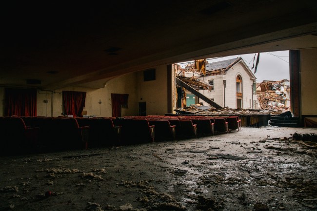 MAYFIELD, KENTUCKY - DECEMBER 16: Debris is seen from the inside of the American Legion theatre on December 16, 2021 in Mayfield, Kentucky. Multiple tornadoes struck several Midwest states late evening on December 10, causing widespread destruction and multiple casualties.  (Photo by Brandon Bell/Getty Images)