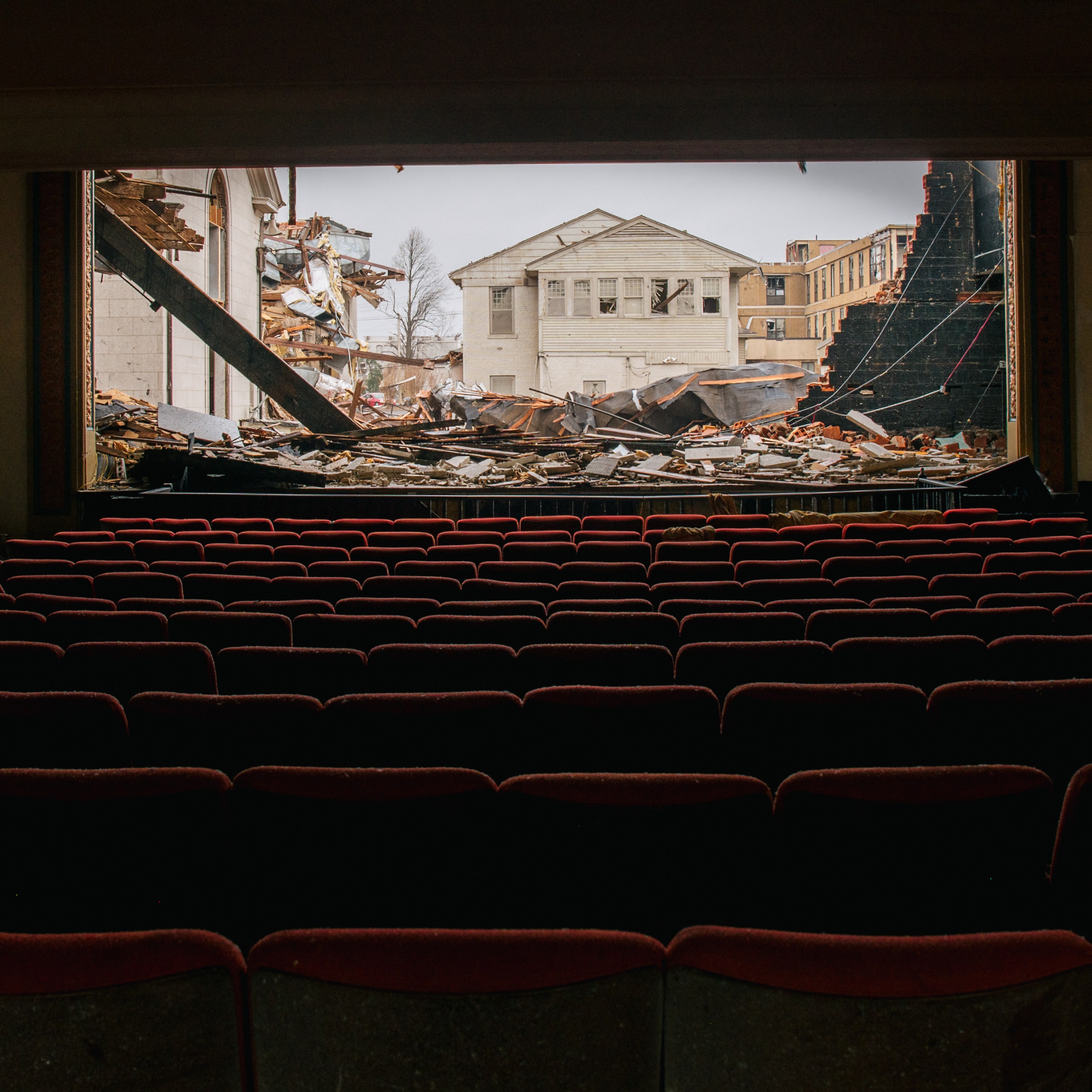 MAYFIELD, KENTUCKY - DECEMBER 16: Debris is seen from the inside of the American Legion theatre on December 16, 2021 in Mayfield, Kentucky. Multiple tornadoes struck several Midwest states late evening on December 10, causing widespread destruction and multiple casualties.  (Photo by Brandon Bell/Getty Images)