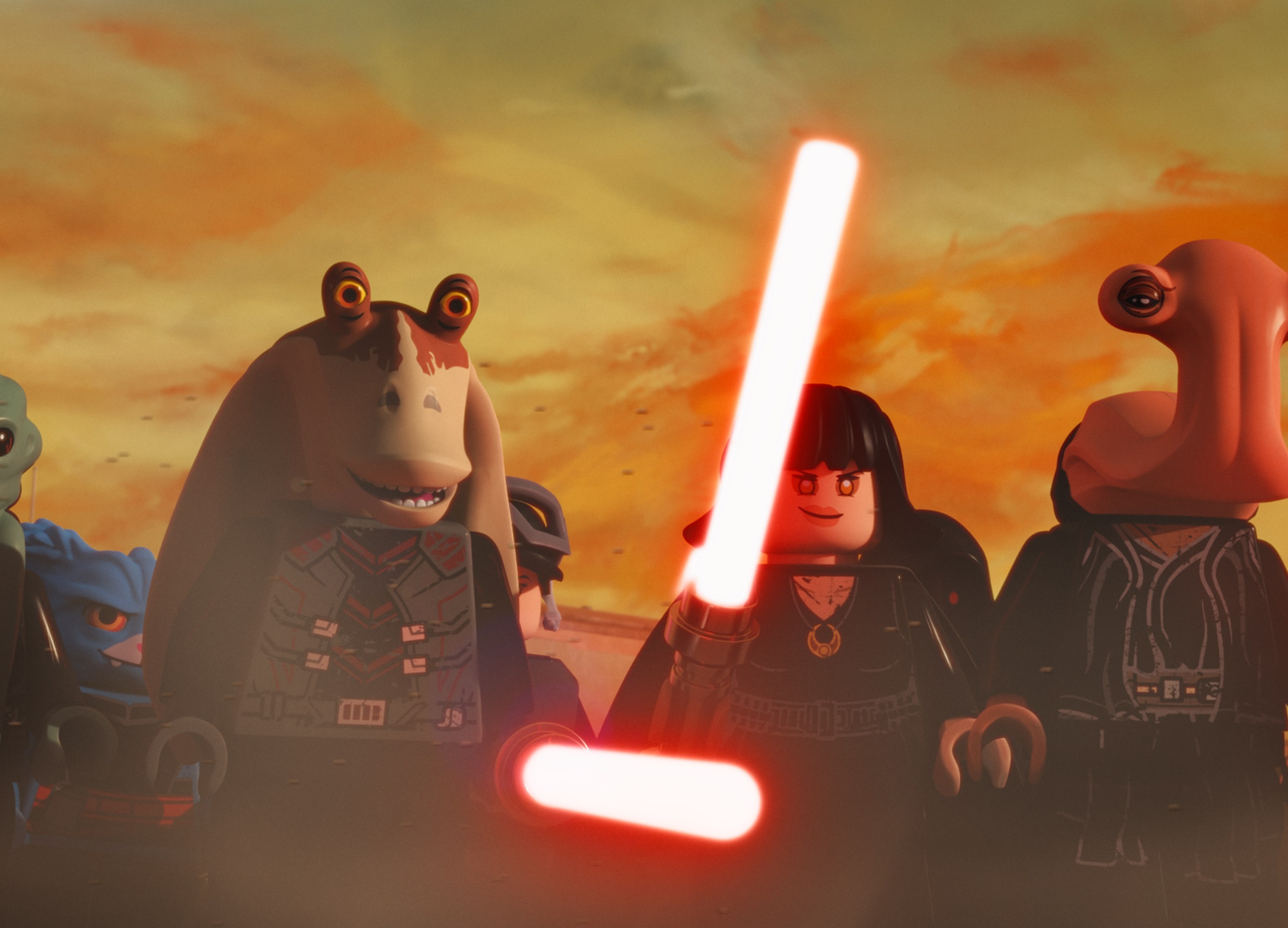 (L-R): Darth Kit Fisto, Darth Nubs, Darth Jar Jar, Darth Jyn Erso, Darth Rose Tico, and Darth Hammerhead in a scene from LEGO® STAR WARS: REBUILD THE GALAXY, exclusively on Disney+. ©2024 Lucasfilm Ltd. & TM. All Rights Reserved.