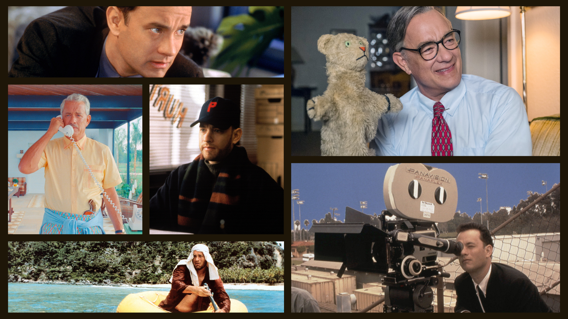 (Clockwise from bottom left, left to right per row): "Cast Away," "Asteroid City," "Philadelphia," "You've Got Mail," "A Beautiful Day in the Neighborhood," and Tom Hanks behind the scenes for "That Thing You Do!"
