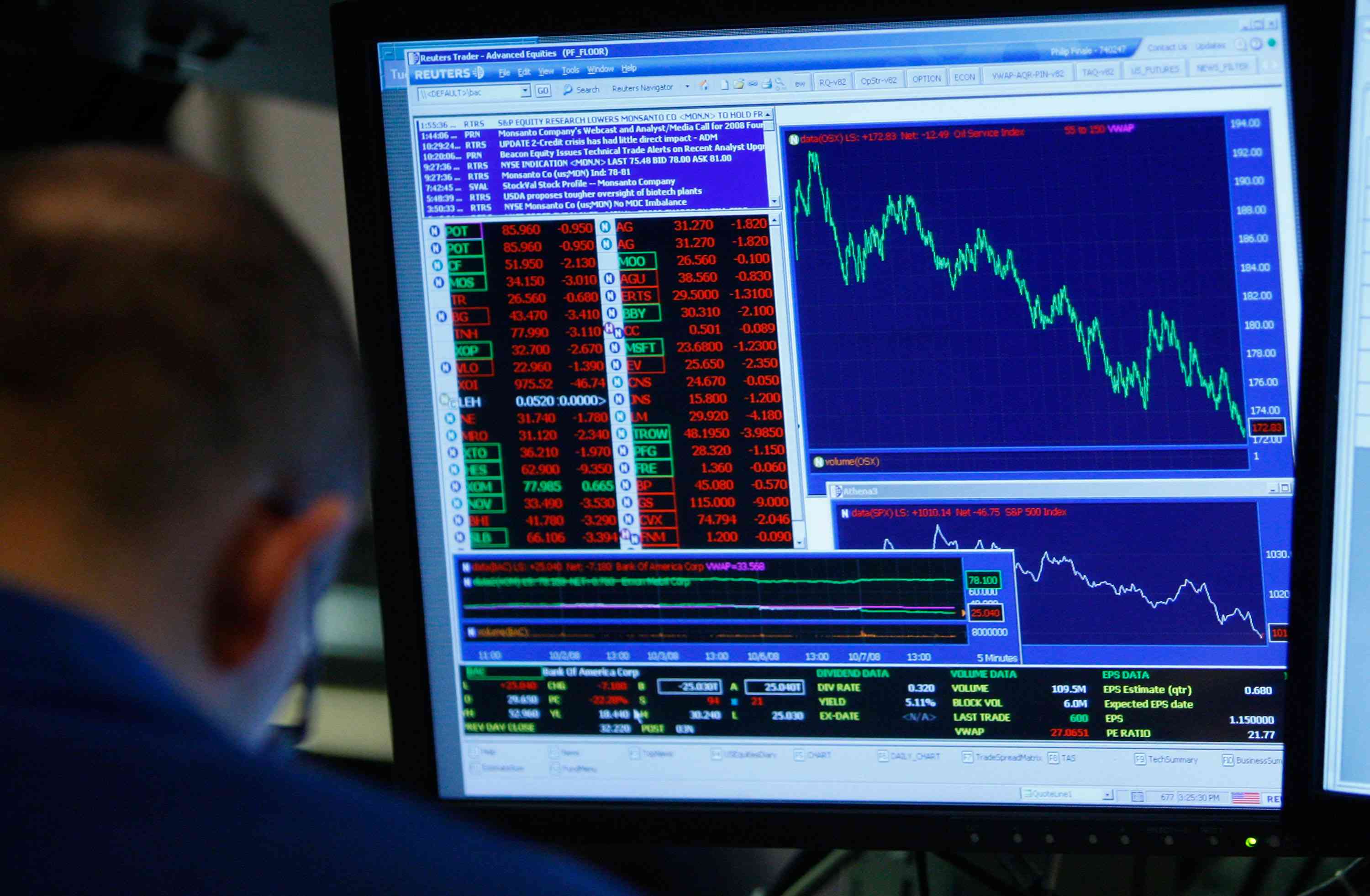 A person looks down while working in front of a computer screen displaying stock data at the New York Stock Exchange