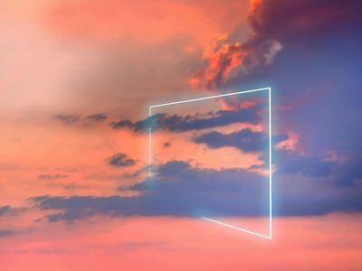 Poetic neon square light between the clouds in beautiful sunset sky.