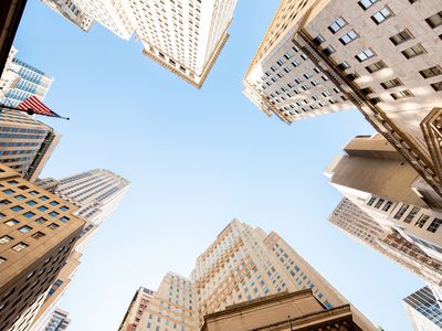 Skyscrapers at New York Stock exchange, view from below