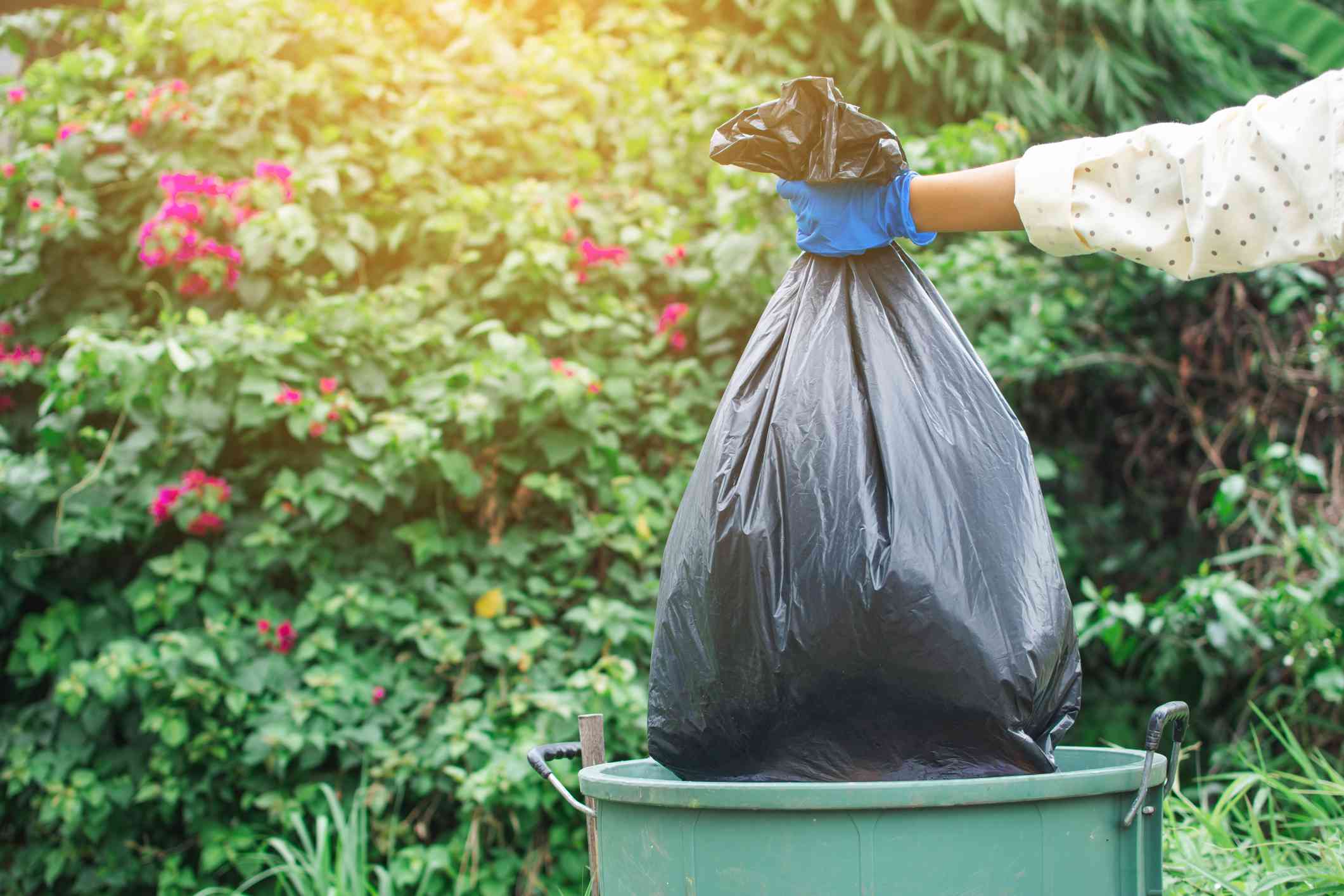 Cropped Image Of Volunteer Holding Garbage Bag Over Can Against Trees