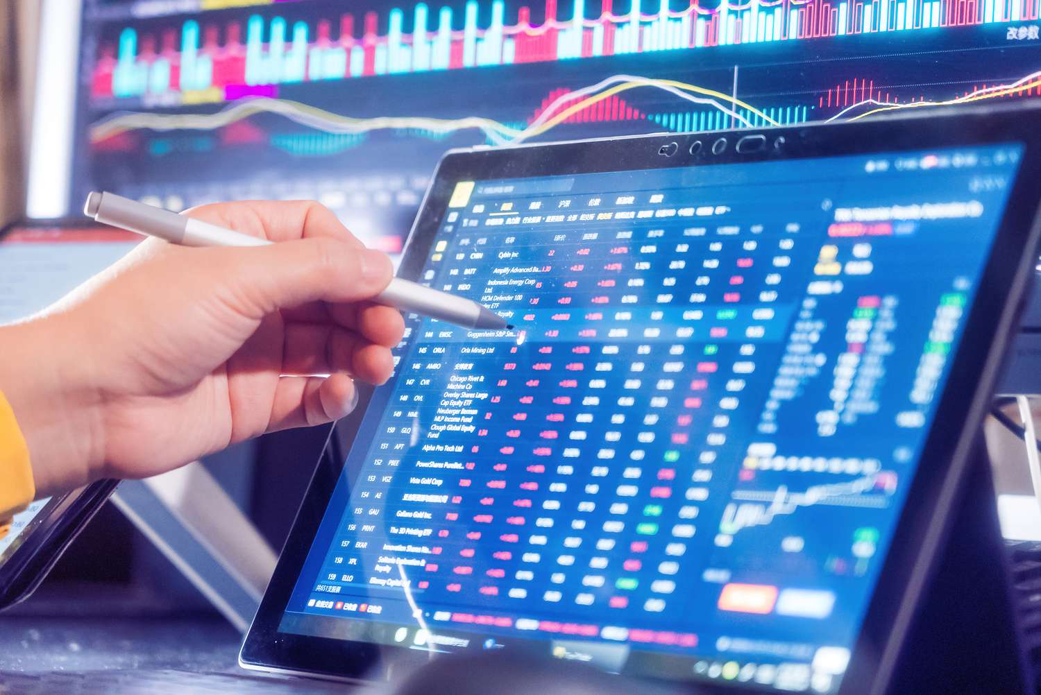 An option trader uses a touch screen to show option strings with price and expiration.