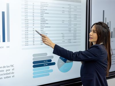 A woman pointing at a wall-sized presentationt that shows figures, charts, and data. 