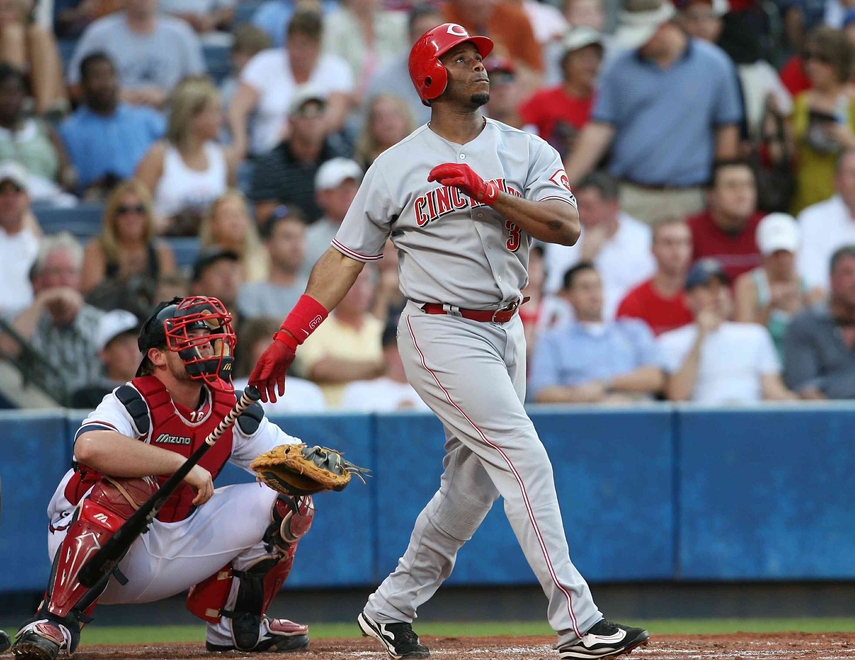 Ken Griffey, Jr. #3 of the Cincinnati Reds hits a second inning home run against the Atlanta Braves at Turner Field on July 16, 2007 in Atlanta, Georgia. The Reds defeated The Braves 10-3. The home run was career #587, making Griffey sixth in MLB career home runs.