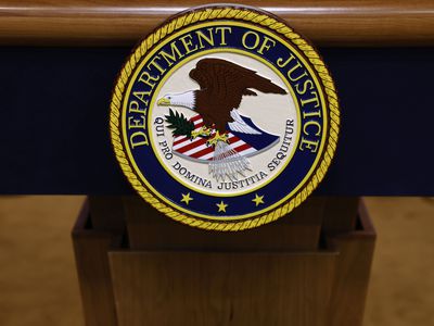 U.S. Department of Justice seal on a podium