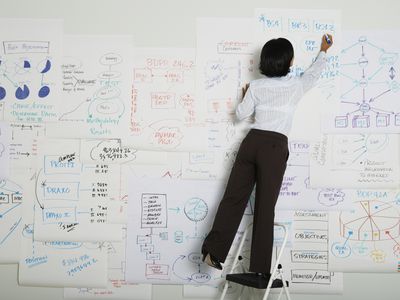 Woman standing on a step ladder writing on a flow chart made of papers on a wall