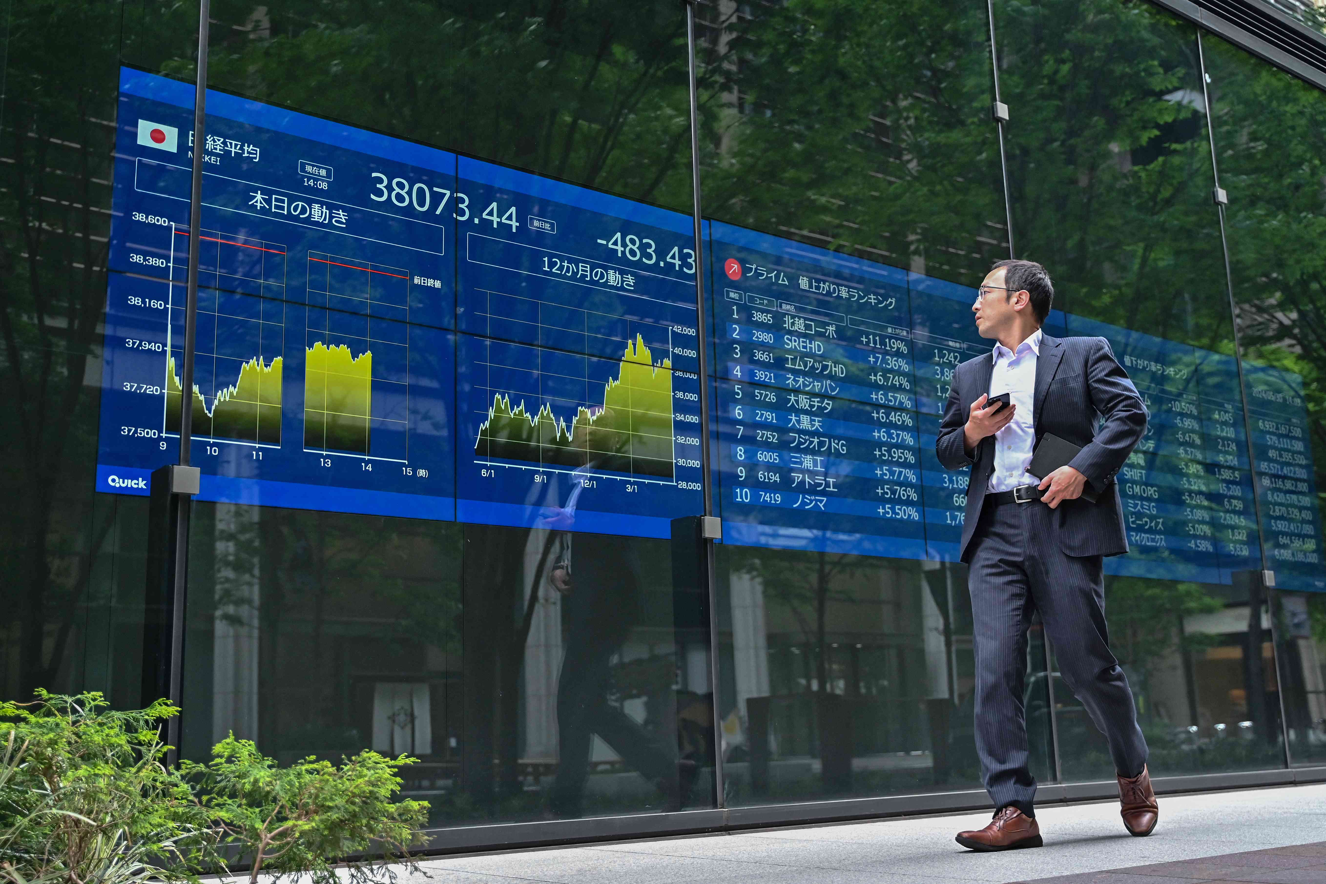 Stock trader on a sidewalk, walking past the Tokyo Commodity Exchange during afternoon trading.