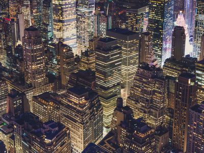 Aerial view of midtown Manhattan at night