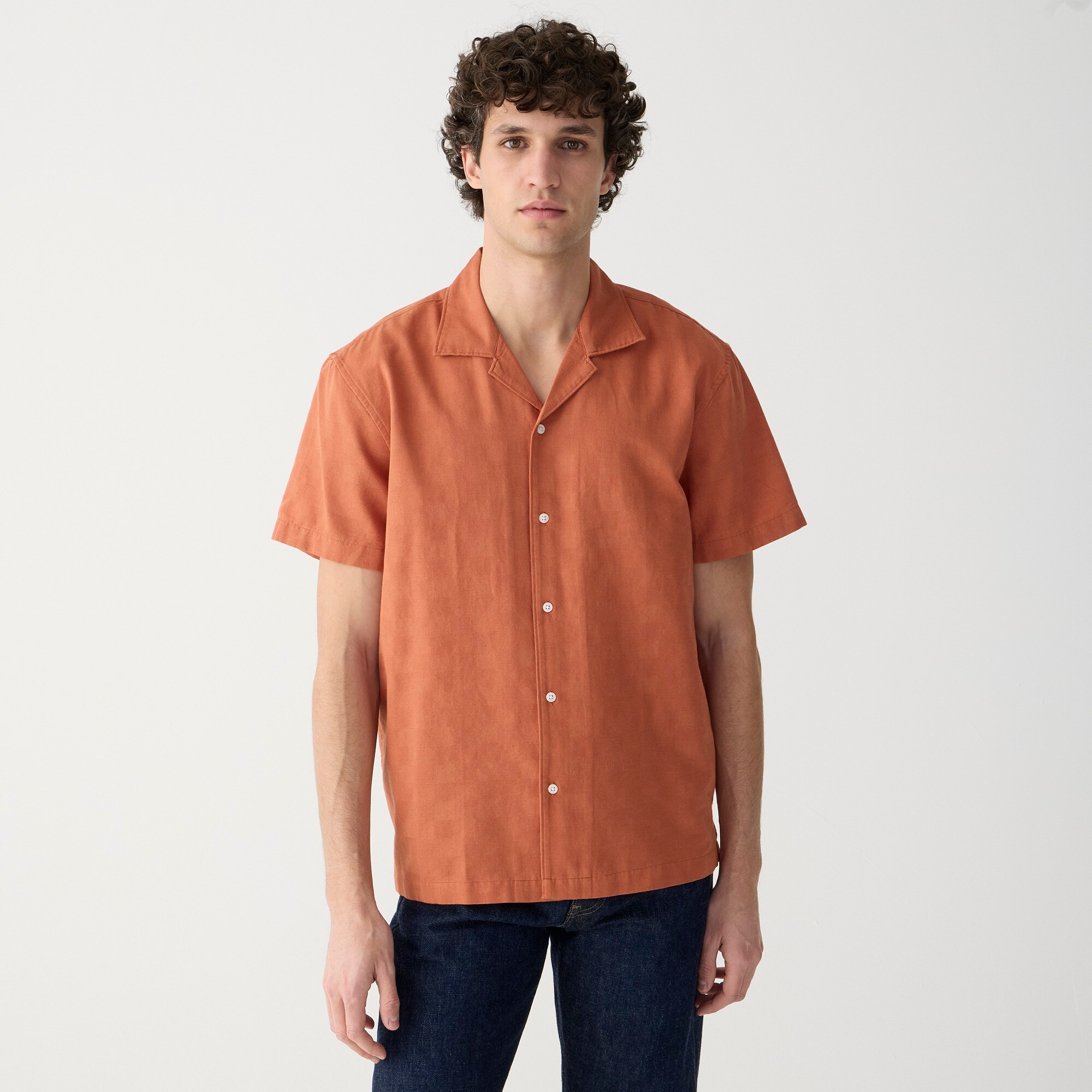 mens Short-sleeve textured cotton camp-collar shirt