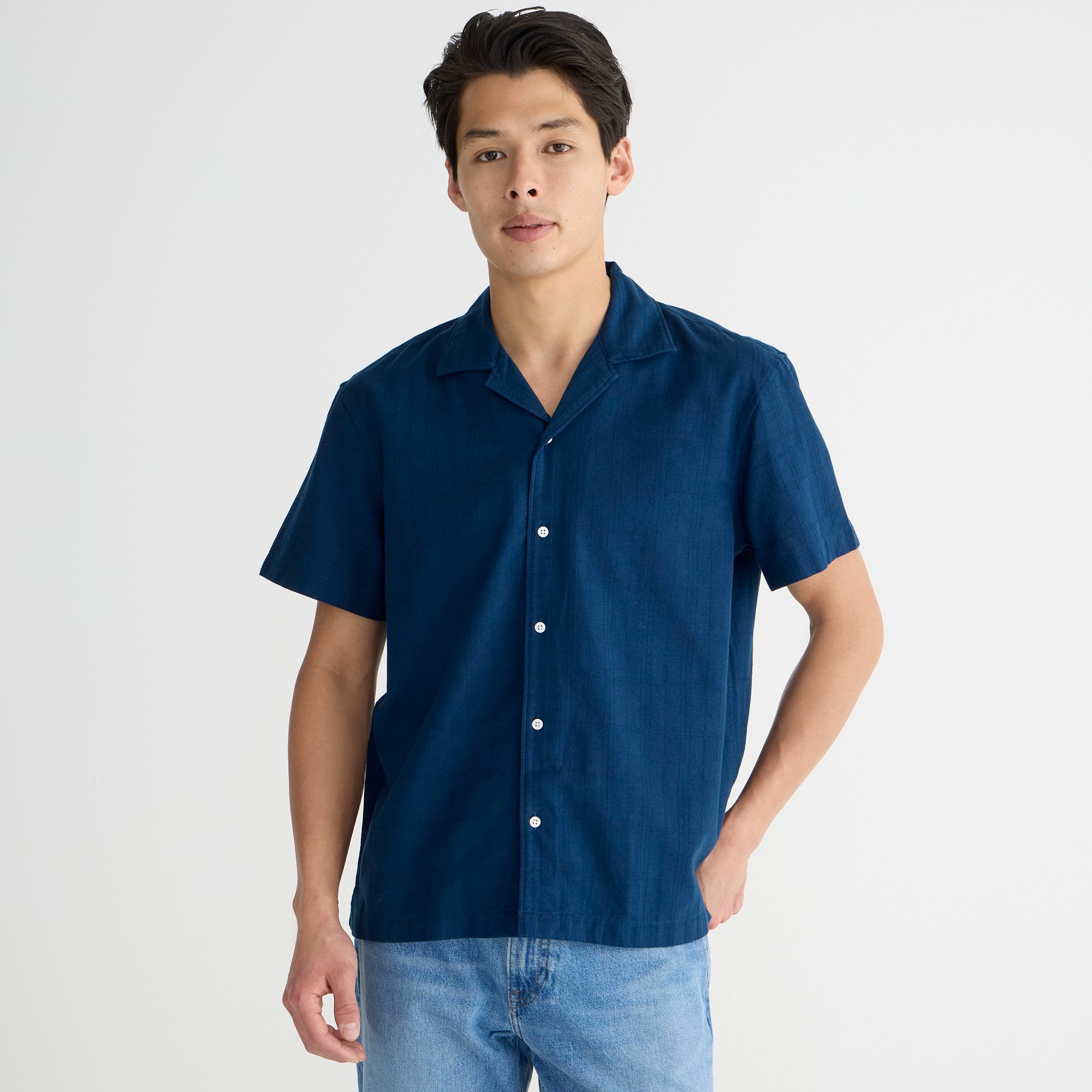 mens Short-sleeve textured cotton camp-collar shirt