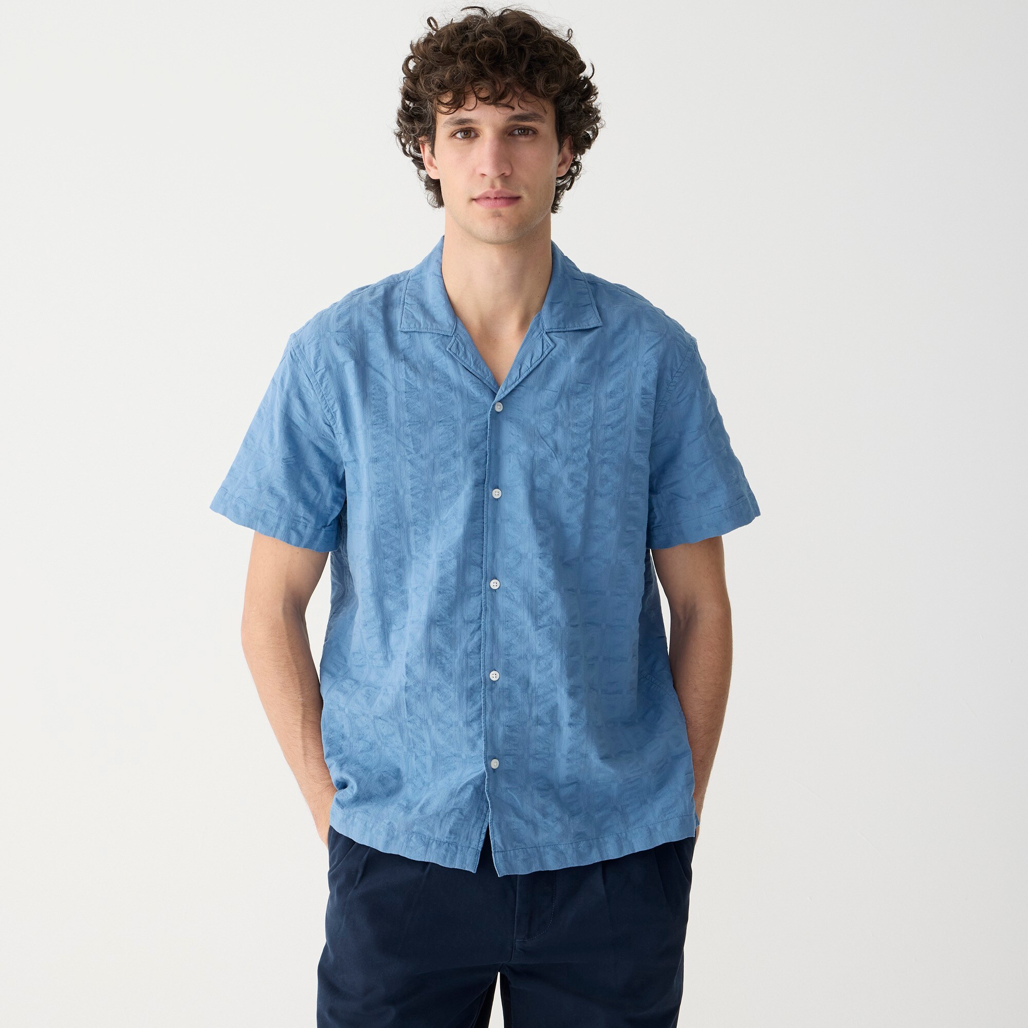 mens Short-sleeve textured cotton camp-collar shirt