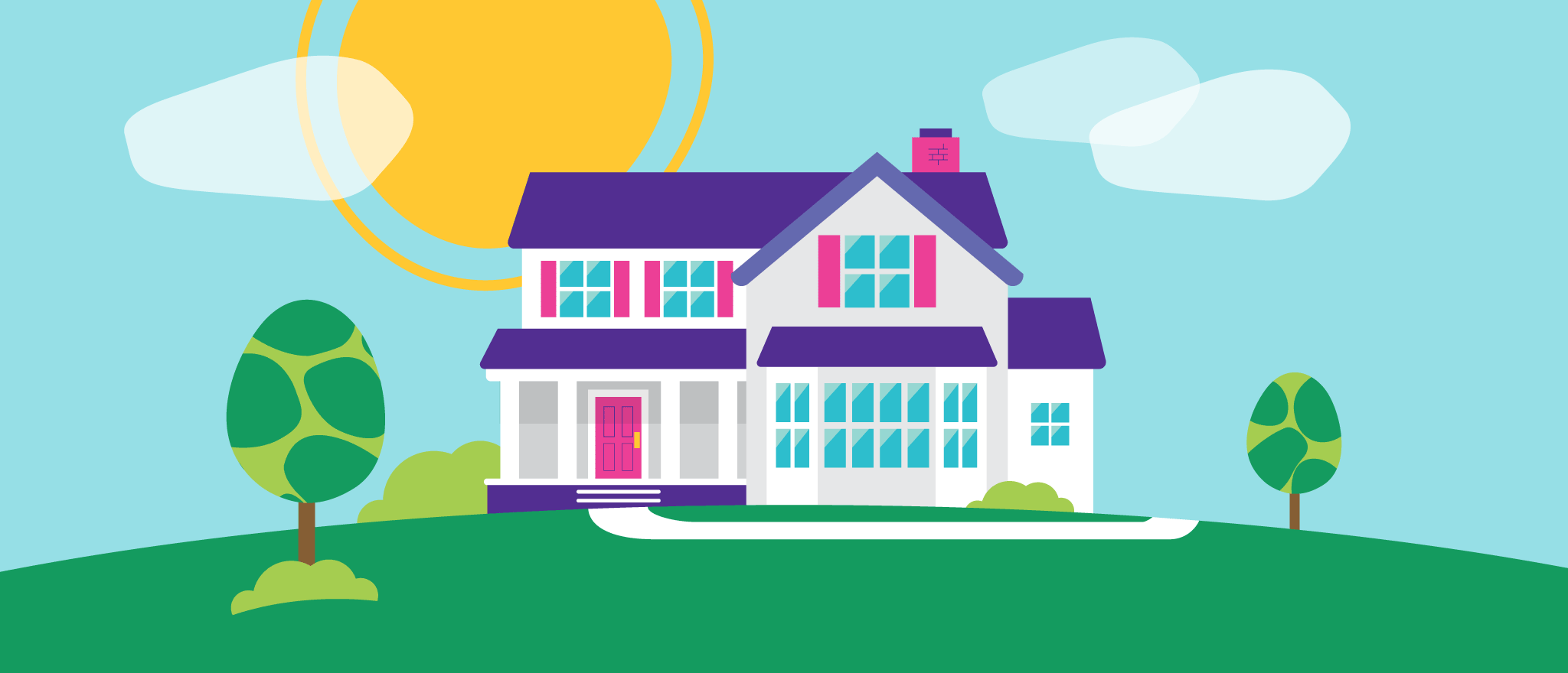 colorful house illustration with trees and sky with sun and clouds