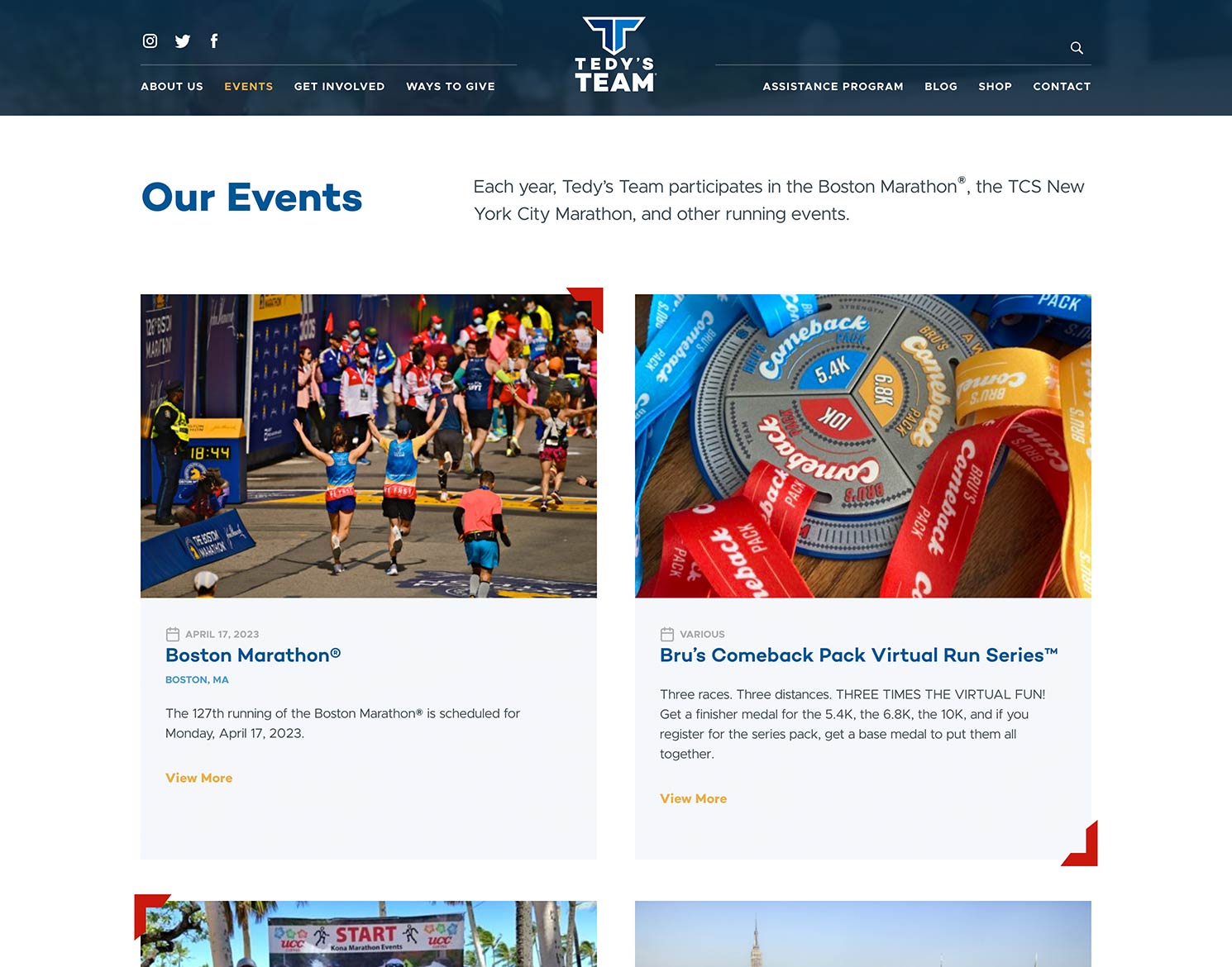 Tedy's Team website design showing Our Events page