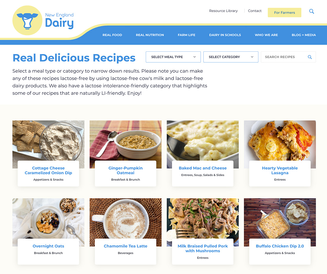 New England Dairy website design recipes on the go