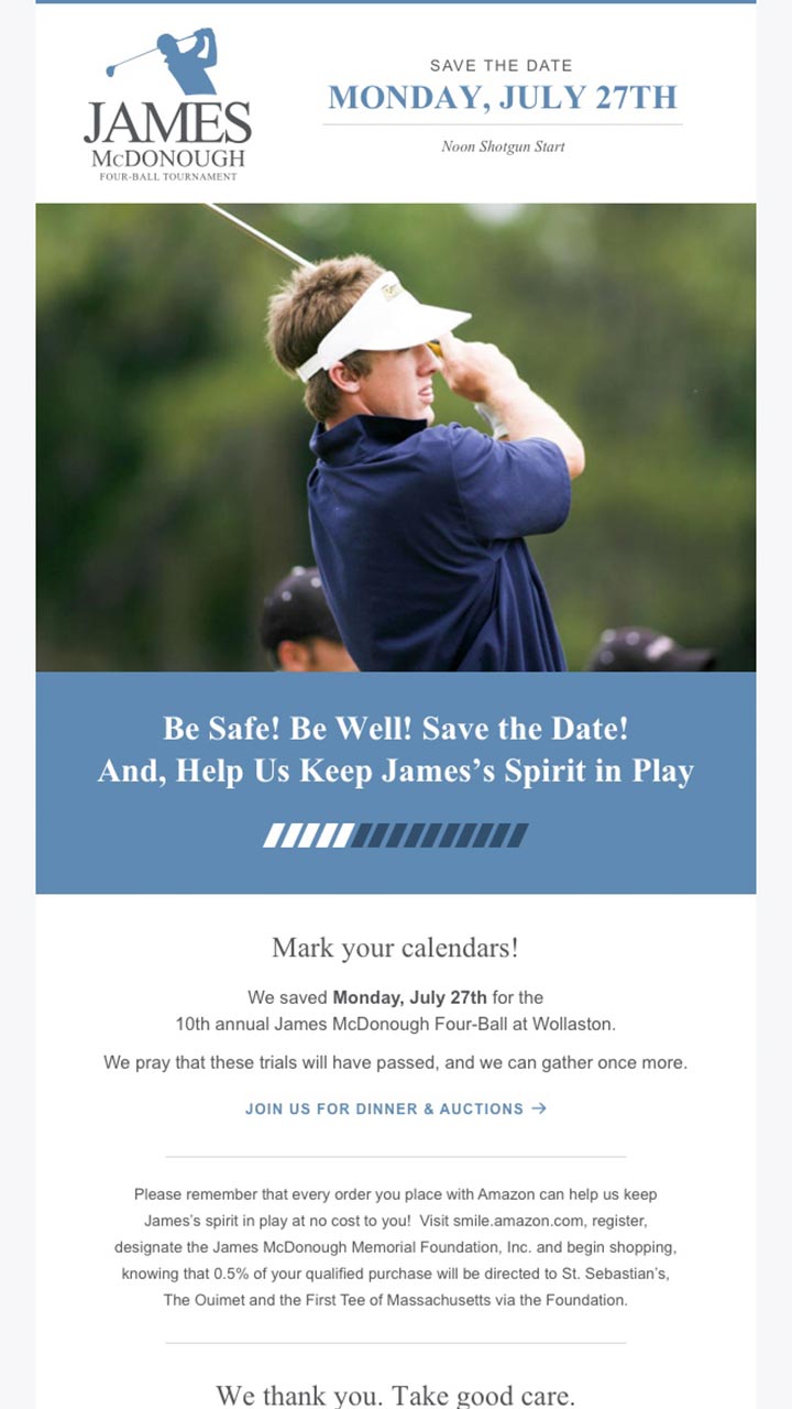 sample e-mailer design for James McDonough Four Ball Tournament Save the Date