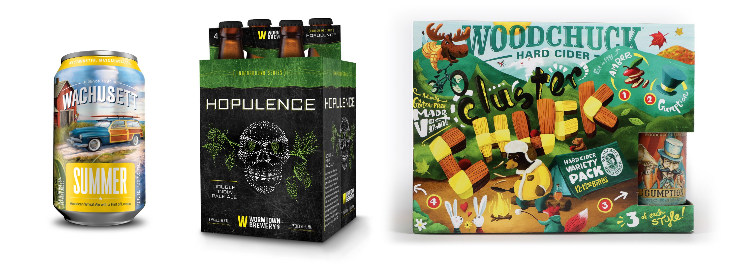 Wachusett beer can, Hopulence 4-pack, and Woodchuck Hard Cider 12 pack in a line showing different conceptual and stylistic considerations in brand packaging