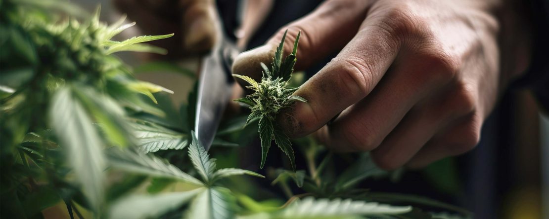 closeup of a person cutting a cannabis flower