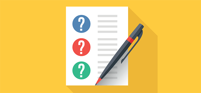 An illustration of a pen on top of a document with three question marks.