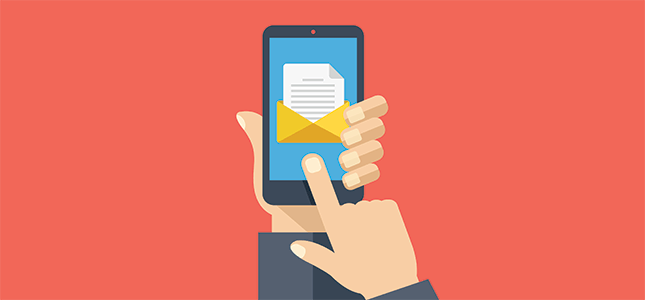 An illustration of a hand touching an email icon on a phone