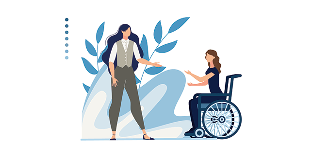 Illustration of two women talking. One is in a wheelchair