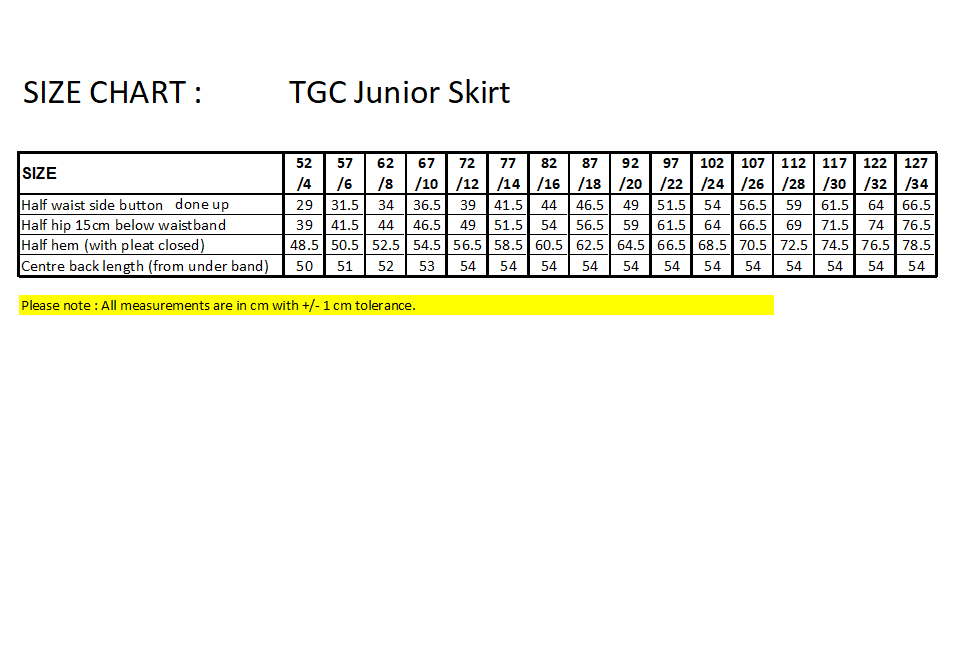 TGC Junior Skirt Size Chart