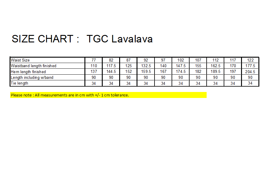 TGC Lavalava Size Chart