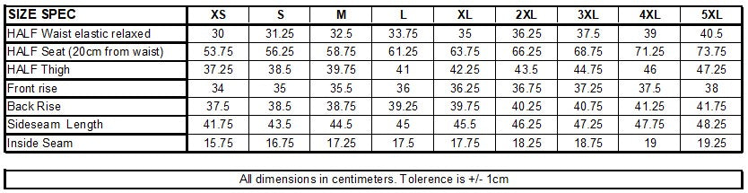 TGC Size Chart PE Shorts