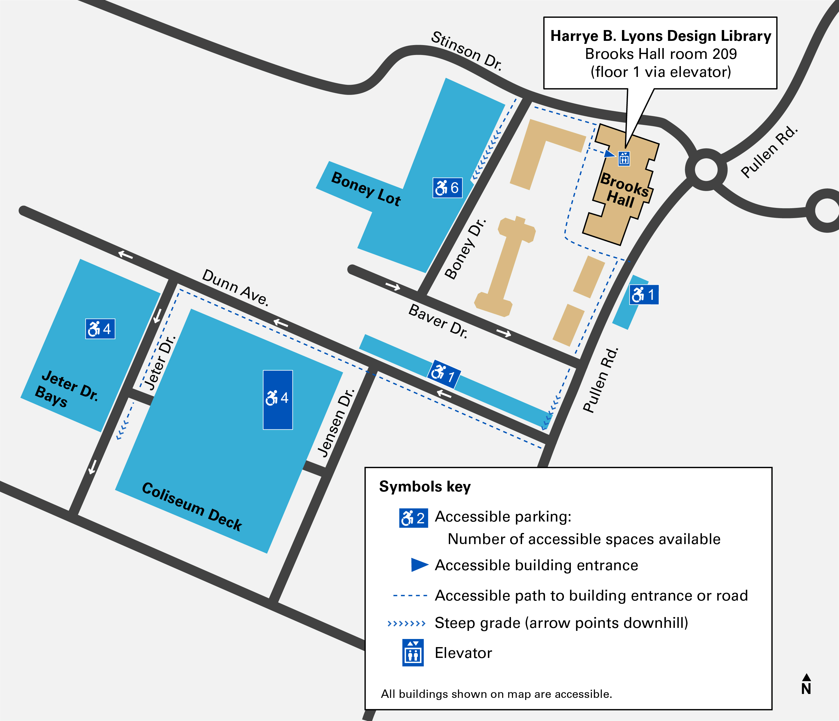 Map of accessible parking. The nearest space is on the street outside Brooks Hall, which requires a B permit. There are more spaces in the Boney Lot, also requiring a B permit. One spot on Dunn Avenue and more spots in the Jeter Drive bays require a C permit. Visitors and RE or CD permit holders can park in the Coliseum Deck.