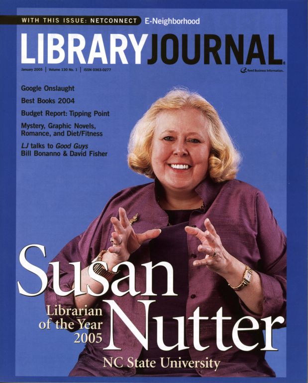 Library Journal Cover 2005 Blue background. Susuan Nutter is featured on the cover.