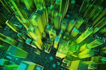 Aerial view of green and yellow 3D rendered buildings