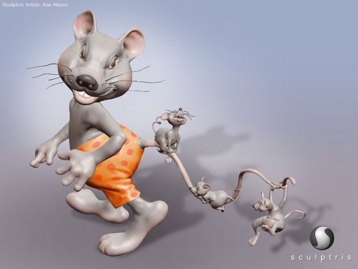 3D sculpted cartoon rat with three baby rats on his tail