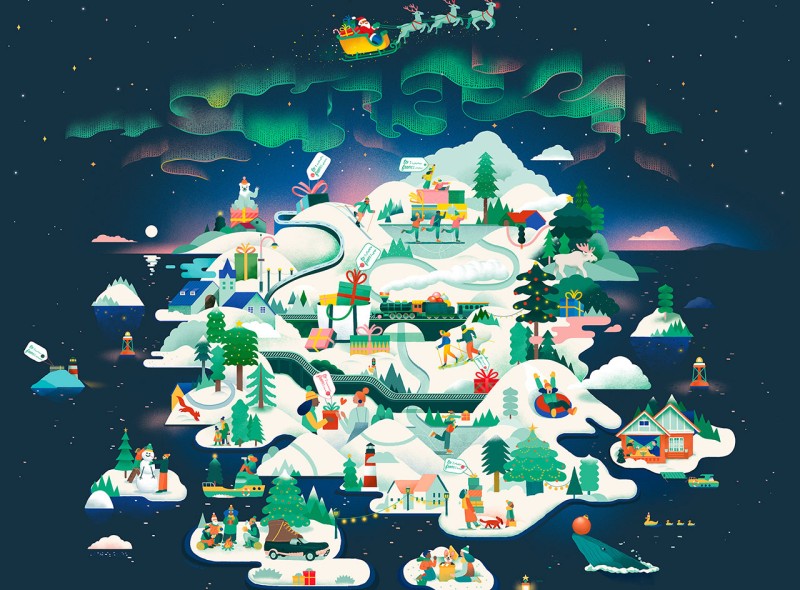 Whimsical illustration of a winter village full of outdoor activities with the northern lights in the sky.