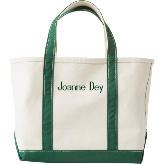 Boat and Tote with "Joanne Day" monogrammed on it.