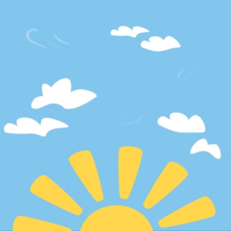 An illustration of a half sun and a few clouds in a blue sky.