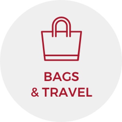 Red line illustration of a tote bag and the words "Bags & Travel."