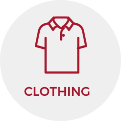 Red line illustration of a shirt and the word "Clothing."