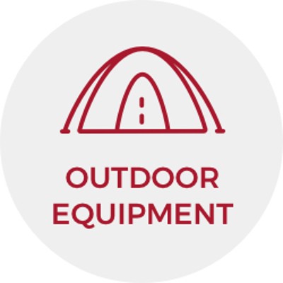 Red line illustration of a tent and the words "Outdoor Equipment."