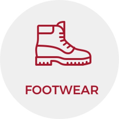 Red line illustration of a boot and the word "Footwear."